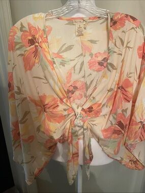 Hem & Thread Floral Tie-Front Blouse in Cream, Coral and Yellow